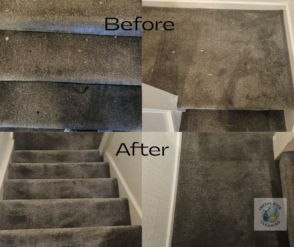 Stair carpet before and after a Freshlayer deep clean in Leeds