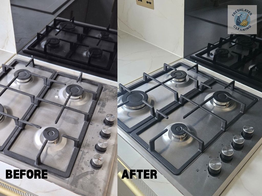 Hob before and after a deep clean by Freshlayer Cleaning in Leeds