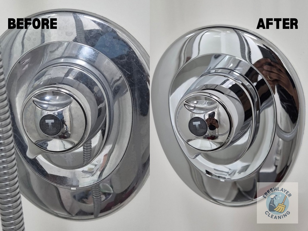 Shower fitting before and after a Freshlayer deep clean in Leeds, limescale removed