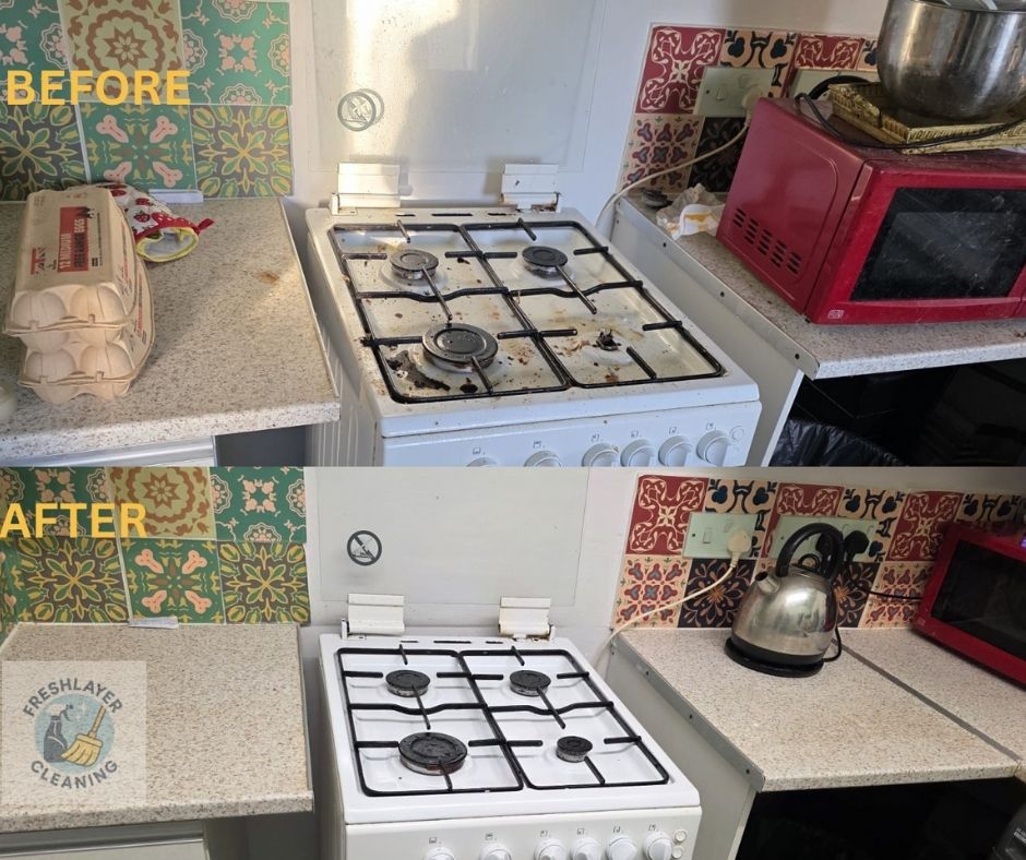 Kitchen stove before and after a deep clean by Freshlayer Cleaning in Leeds